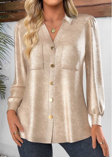 Modlily Champagne Button Long Sleeve Tunic Shirt - XL