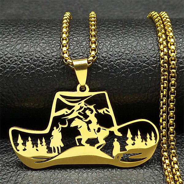 304 Stainless Steel Hollow Cowboy Hat Pendant Necklaces