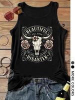 Women's Western Cow Skull & Rose Print Round Neck Tank Top, Fashion Casual Crew Neck Sleeveless Top for Daily Holiday Vacatio...