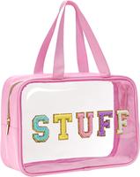 Clear Tote Bag Pink Preppy Large Makeup Bag Travel Toiletry Cosmetic Organizer Bag with Handle, Transparent Waterproof Beach ...