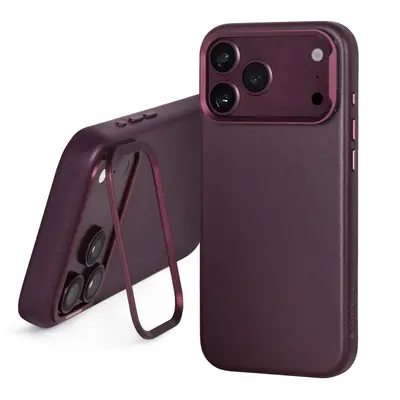 Apple iPhone 18 Pro / iPhone 17 Pro Leather Bumper Case (with Camera Stand) - Dark Cherry