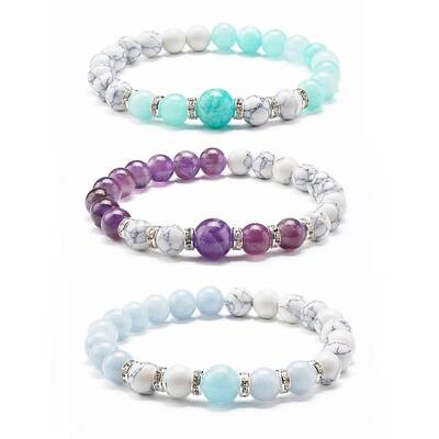 Natural Mixed Stone & Synthetic Howlite Round Beads Stretch Bracelet
