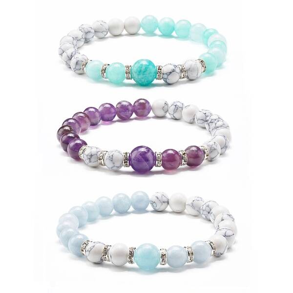 Natural Mixed Stone & Synthetic Howlite Round Beads Stretch Bracelet