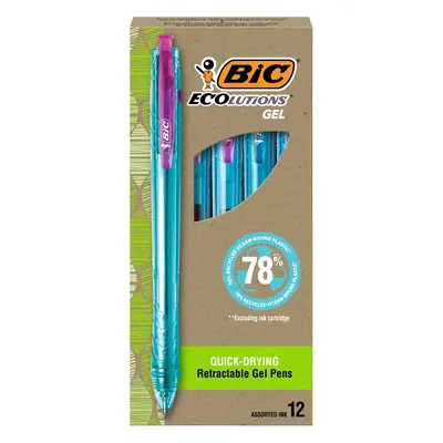 BIC Ecolutions Ocean-Bound Plastic Gel Pens, Medium Point (1.0mm), 12-Count Pack, Retractable Assorted Ink Pens Made from 78%...