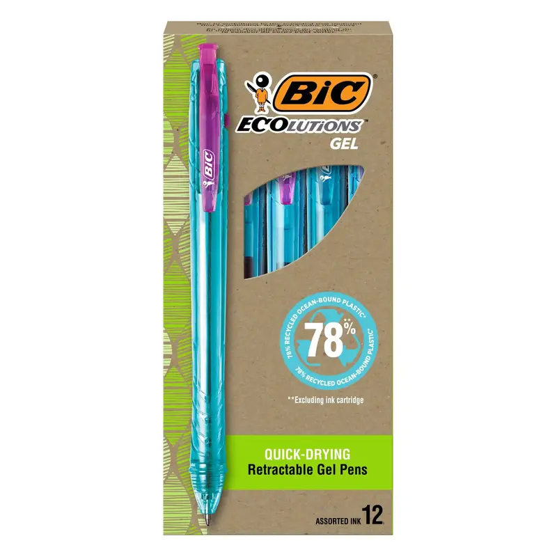 BIC Ecolutions Ocean-Bound Plastic Gel Pens, Medium Point (1.0mm), 12-Count Pack, Retractable Assorted Ink Pens Made from 78%...