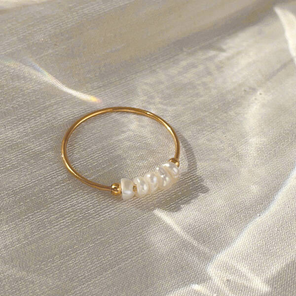 304 Stainless Steel with Natural Baroque Pearl Rondelle Beaded Finger Rings