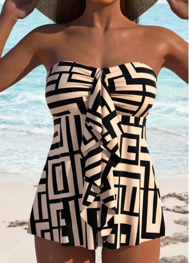 Modlily Plus Size Ruffle Light Coffee Geometric Print Tankini Set - 3X