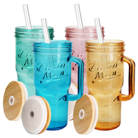 ANOTION 24oz Colored Glass Cups with Lids and Straws with Handle  -Tumbler Coffee Cups Mason Jar Coffee Bar Accessories Sprin...