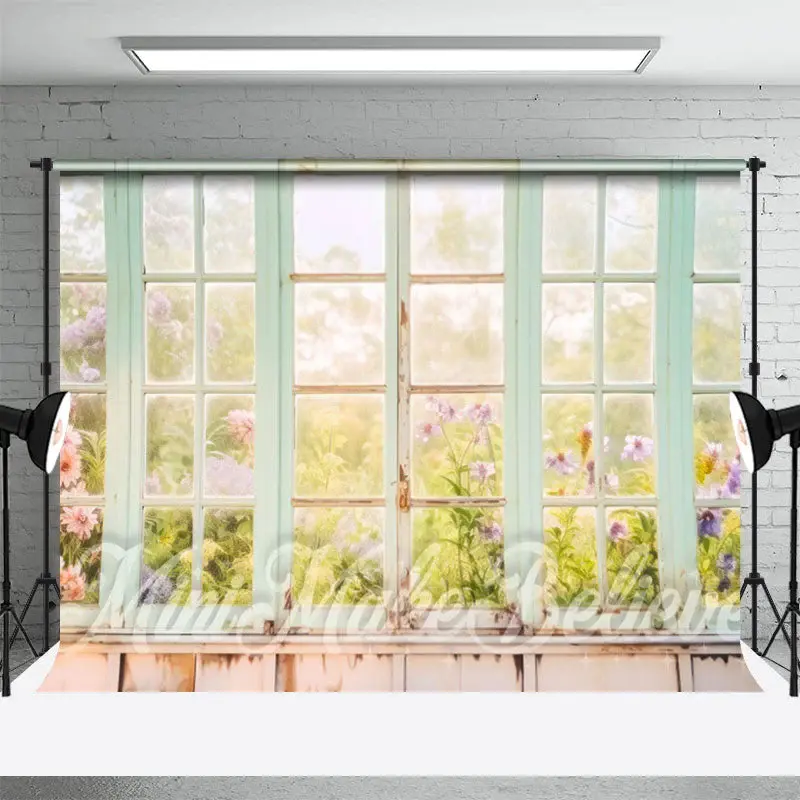 Old Wood Window Spring Floral Scene Photo Backdrop - Aperturee