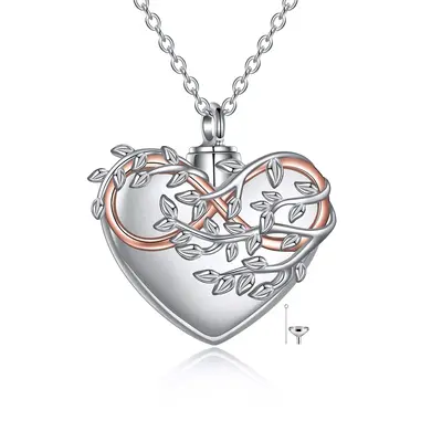 Sterling Silver Two-Tone Tree Of Life & Heart With Infinity Symbol Urn Necklace For Ashes