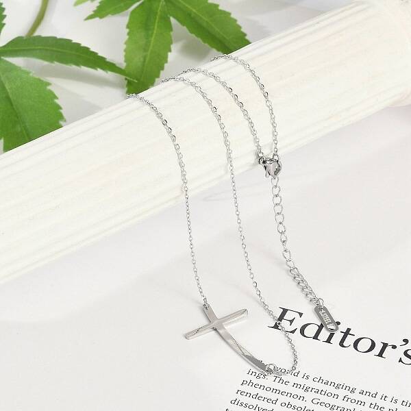 304 Stainless Steel Religion Curved Cross Pendant Cable Chain Necklaces for Women