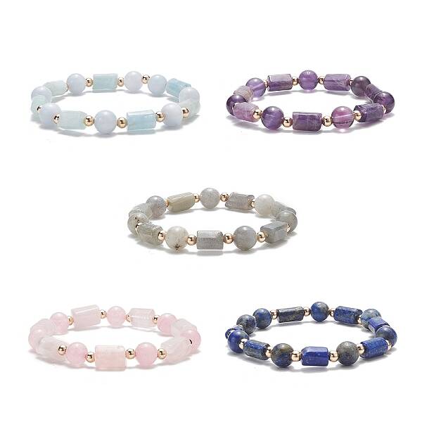 Natural Mixed Gemstone Column & Round Stretch Bracelet for Women