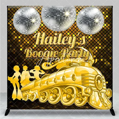 Aperturee Gold Train Disco Custom Name Boogie Party Backdrop, 3X3FT(1X1M), 15 USD, custom birthday backdrops, DZYM0Z12-O