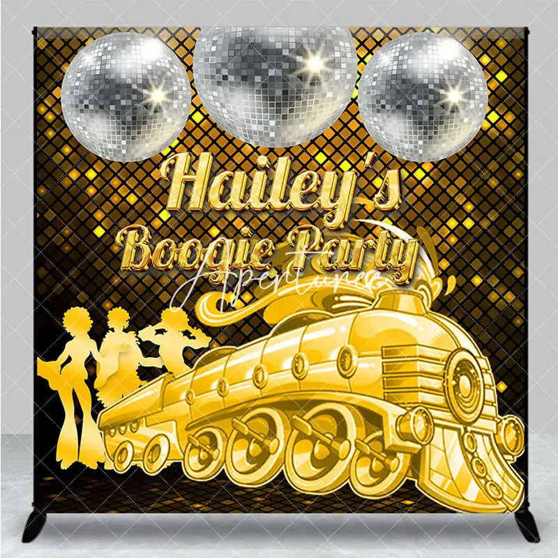Aperturee Gold Train Disco Custom Name Boogie Party Backdrop, 3X3FT(1X1M), 15 USD, custom birthday backdrops, DZYM0Z12-O