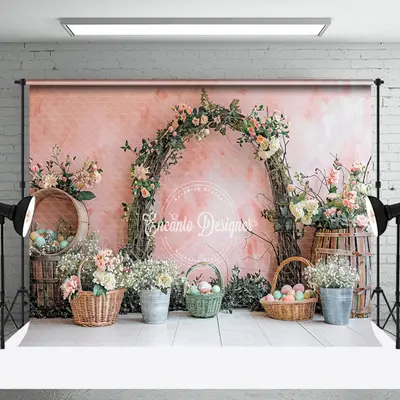 Pink Wall Flower Arch Easter Egg Photography Backdrop - Aperturee