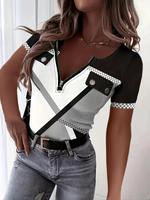 Women's Colorblock Zipper Round Neck Ribbed Tee, Casual Short Sleeve T-shirt for Summer, Ladies Clothes for Daily Wear