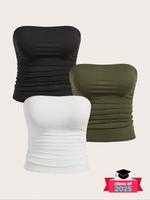 【plus Size】solid Ruched Tube Top, Casual Comfy Breathable Fitted Strapless Knitting Top for Daily Wear, Women's Clothing ...