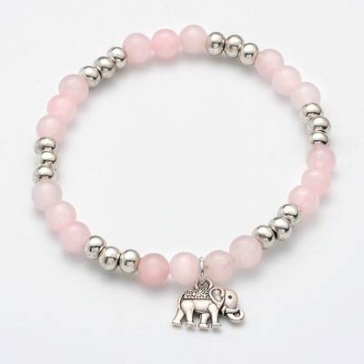 Natural Rose Quartz Beaded Elephant Charm Stretch Bracelets