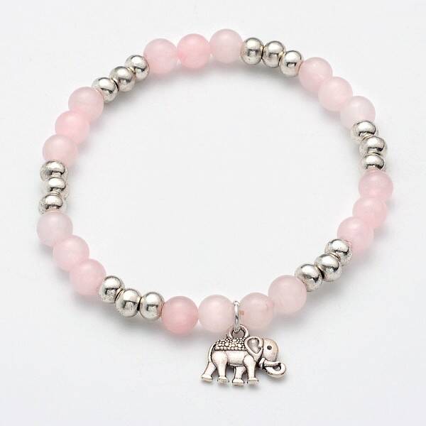 Natural Rose Quartz Beaded Elephant Charm Stretch Bracelets