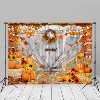 Wood Door Red Brick Wall Maples Pumpkin Autumn Backdrop - Aperturee