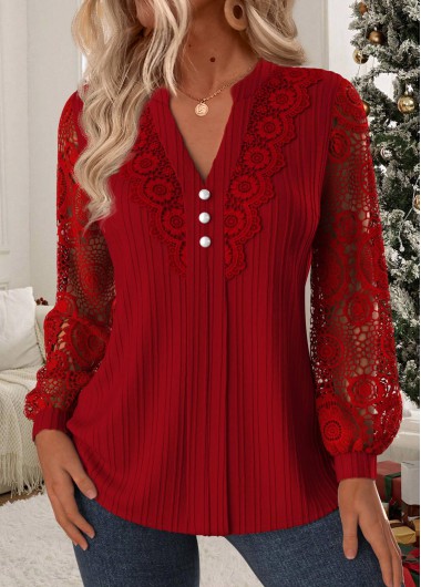 Modlily Wine Red Tummy Coverage Long Sleeve Split Neck Blouse - XL