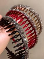 3pcs Flocked Rhinestone Decorated Hair Hoop, Cute Hairstyles, Comb Design Anti Slip Headbands Women, Casual Ponytails Hair Ac...