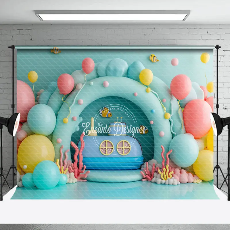 Colorful Balloon Submarine Coral Cake Smash Backdrop - Aperturee