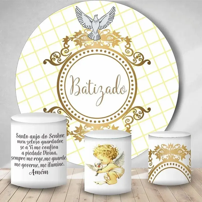 Aperturee Gold And White Kids Pigeon Round Baby Shower Backdrop | Custom Round Backdrop | Circle Party Backdrop | Custom Roun...