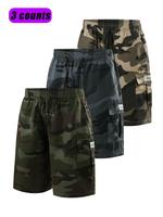 Men's Plain / Camo Print Letter Patched Drawstring Waist Cargo Shorts, Regular Fit Flap Pocket & Slant Pocket Design Shorts f...