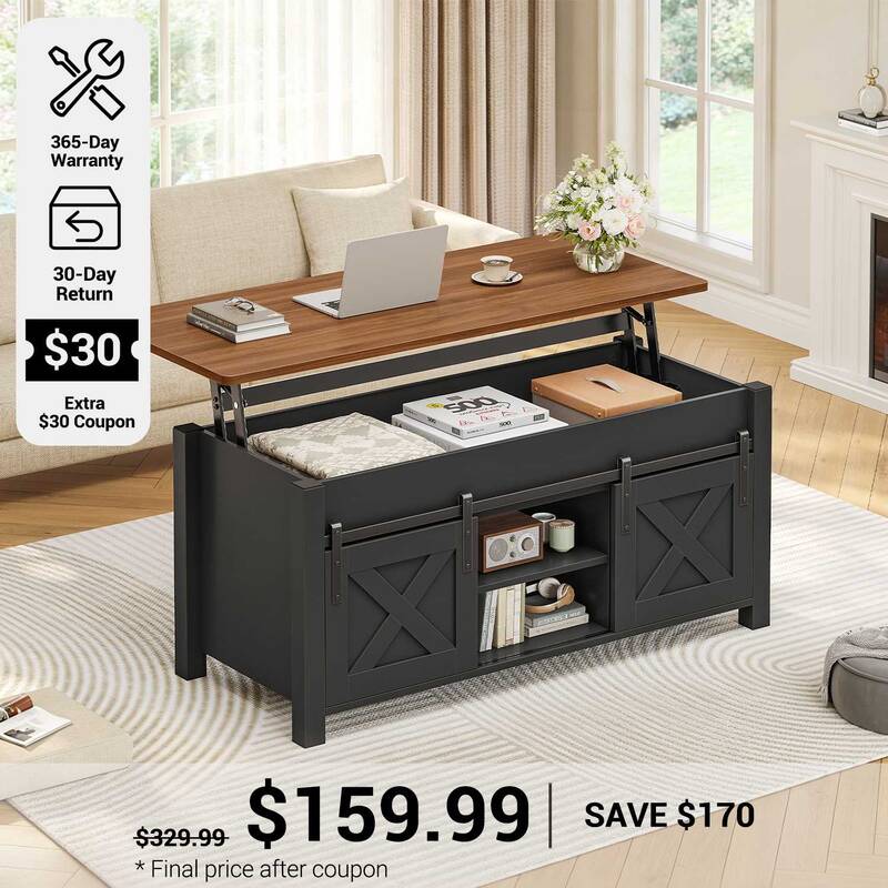 SEDETA | 39.3 Inch Farmhouse Lift Top Coffee Table with Open Storage Shelf Farmhouse Lift Tabletop with Hidden Compartment Di...