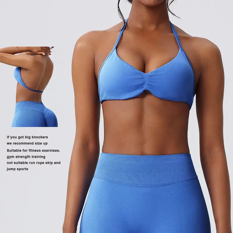 Deideiap Halter Gym Sports Bra Casual Comfy Breathable Backless Padded Gym Workout Bra Women Seamless Crop Tank Tops Low  Bra...