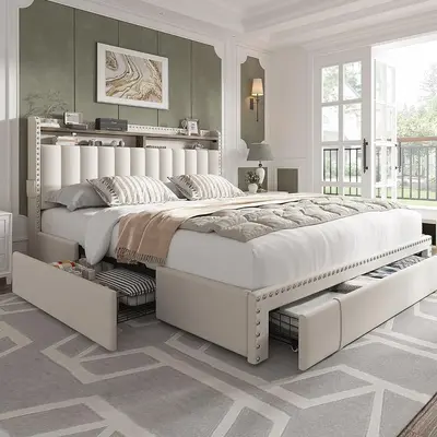 Raybee King Size Bed Frame with Storage & Headboard, Upholstered Queen or Full Size Divan Beds with Drawers & Shelves, Luxury...