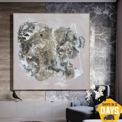 Large Abstract Beige Paintings On Canvas Textured Beige Wall Art Unique Handmade Painting Wall Decor | MAP OF ISLAND 46"...