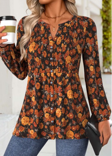 Modlily Terracotta Peplum Floral Print Long Sleeve Split Neck Blouse - L