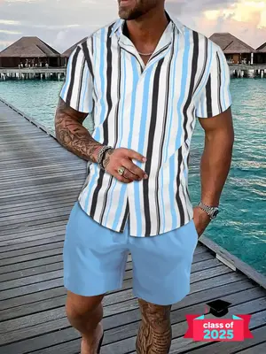 Two-Piece Set Men's Summer Clothes Striped Button Down Shirt & Drawstring Pocket Shorts Set without Tee & Necklace, Men's 2 P...
