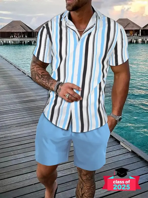 Two-Piece Set Men's Summer Clothes Striped Button Down Shirt & Drawstring Pocket Shorts Set without Tee & Necklace, Men's 2 P...