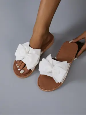 Women's Fashionable Casual Bow Decor Slides, Summer 2024 Round Toe Lightweight Flat Heel Slides for Indoor Outdoor Wear, Wate...