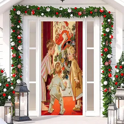 Cute Boy Girl Santa Claus Red Christmas Door Cover - Aperturee