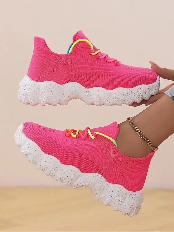Women's Fashionable Colorblock Lace Up Front Platform Sneakers, Casual Comfort Sports Running Shoes, Female All-match Round T...
