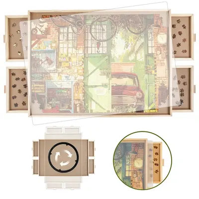 All4jig 1500/2000 Piece Rotating Wooden Puzzle Board with Drawers and Cover, 26\