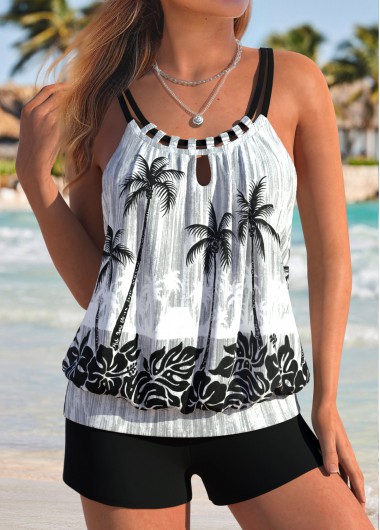 Modlily Tummy Coverage Tropical Plants Print Black Tankini Set - XL