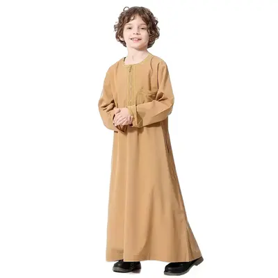 Boys' Casual Middle Eastern Traditional Attire - Long Sleeve Kandora with Pocket, Soft Polyester Fabric, Beige, Loose Fit for...