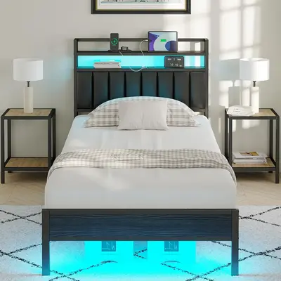 CollaredEagle Twin/Full/Queen Bed Frame with LED Lights, Upholstered Headboard, Charging Station, Storage Shelves, Heavy Duty...