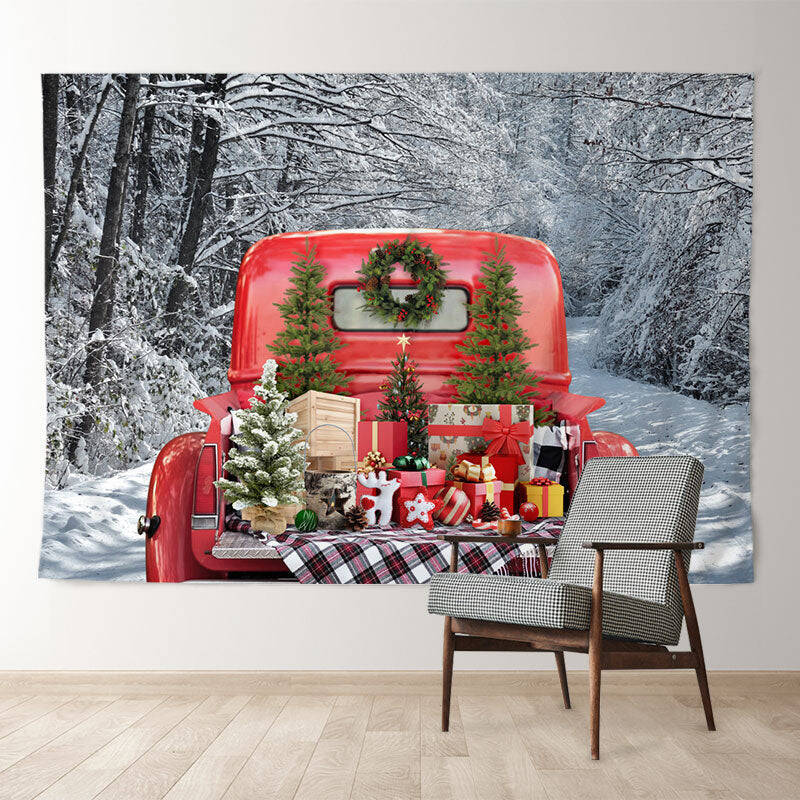 Aperturee Red Truck In Snowy Forest Sunny Christmas Backdrop