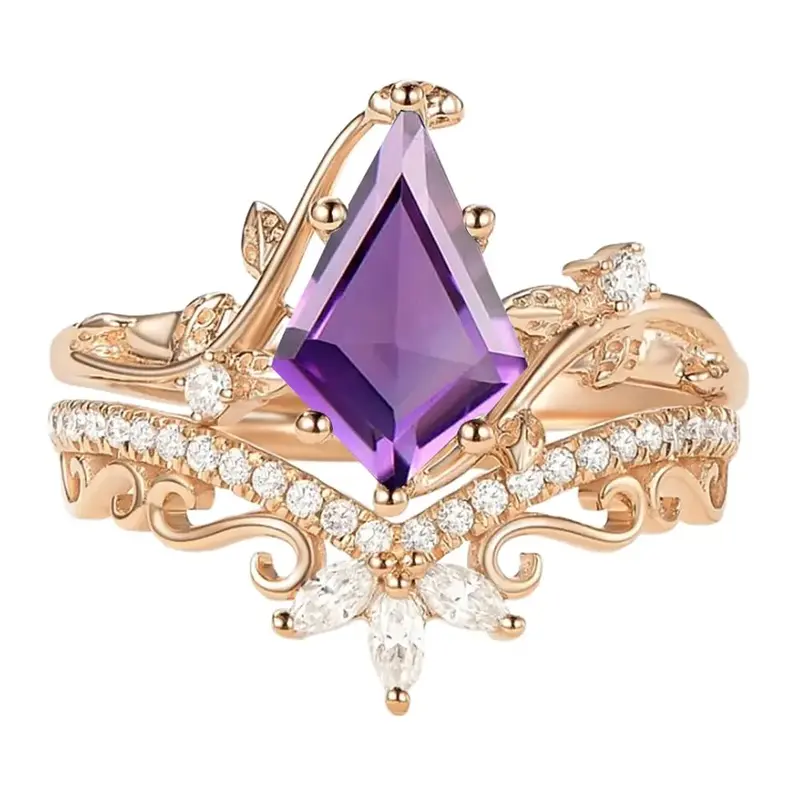 10K Rose Gold Kite Cut Amethyst & Moissanite Bridal Set