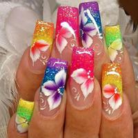 Colorful Flower Pattern Fake Nails with 1 Nail File & 1 Sticker Sheet, 24pcs/set French Style Long Square False Nails for W...