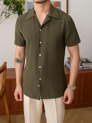 Men's Collar Button Front Short Sleeve Shirt, Summer Clothes, Solid Color Regular Sleeve Shirts, Summer Casual Plain Woven T...