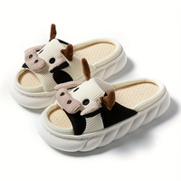 Adorable Cartoon Cow Linen Slippers - Non-Slip Indoor Home Shoes for All Seasons, Breathable Fabric with Rubber Sole, Cute Br...