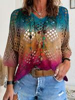 Women's Ombre Print Batwing Sleeve Crochet Sweater, Boho Casual V Neck Jumper for Daily Holiday Vacation Wear, Ladies Knitwea...