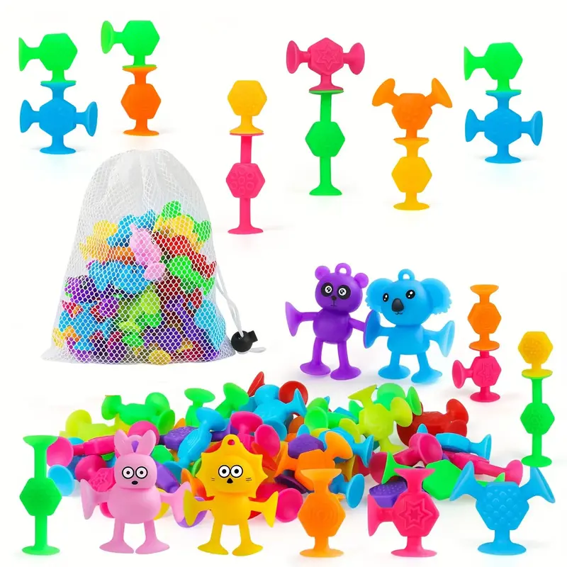 Silicone Animal Design Suction Cup Toy, 40pcs/set Cute Suction Toy with Mesh Drawstring Storage Bag, Fun Bathing Toy Soft Sil...